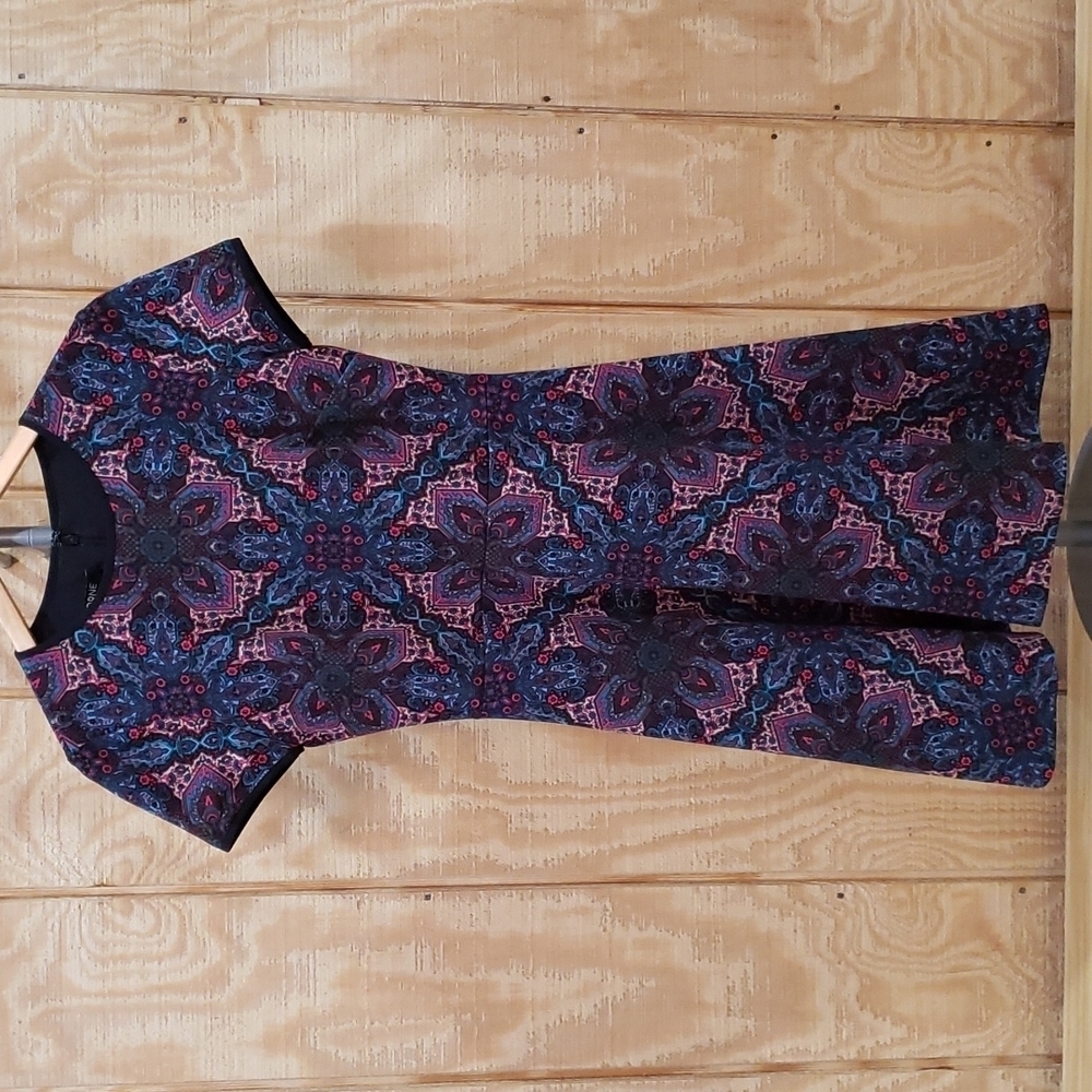 Adorne Multi Color Deco Print Flare Short Sleeve Dress Size 2